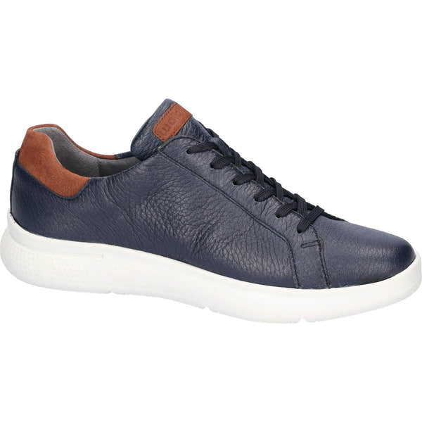 Waldlaufer Heiko men's wide fit blue leather sneakers with arch support, zip and lace closure, white sole.