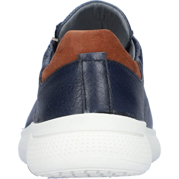 Waldlaufer men's wide blue leather arch support zip and lace shoes with brown accents and white sole, front view.
