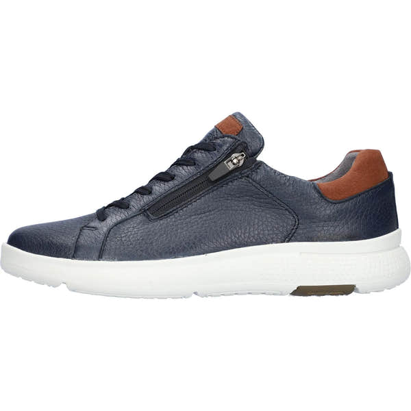 Waldlaufer men's wide blue leather arch support zip & lace casual shoes with brown accents and white sole.