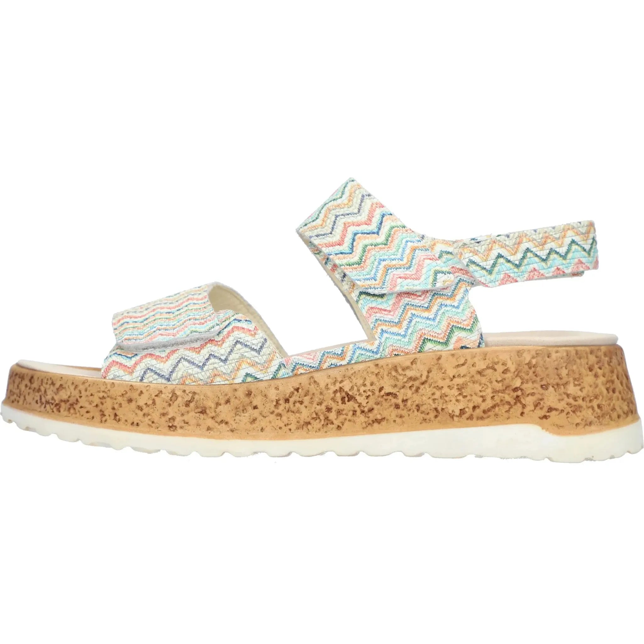 Waldlaufer H-Libby ladies wide-fit multi-colored leather sandals with touch fastenings and zigzag pattern, cork sole.
