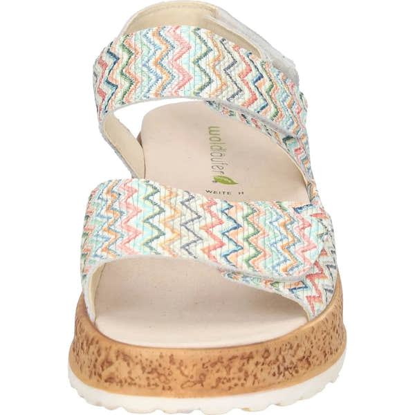 Waldlaufer H-Libby women's wide multi-strap leather touch-fastening sandals with colorful zigzag pattern, beige lining, and cushioned sole.