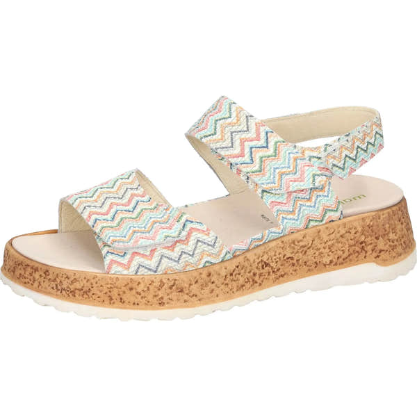 Waldlaufer H-Libby women's wide multi-colored leather touch fastening sandals with cork wedge sole.