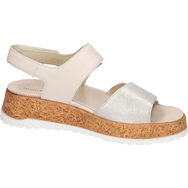Waldlaufer H-Libby women's wide beige leather sandals with touch fastening and cork platform sole.