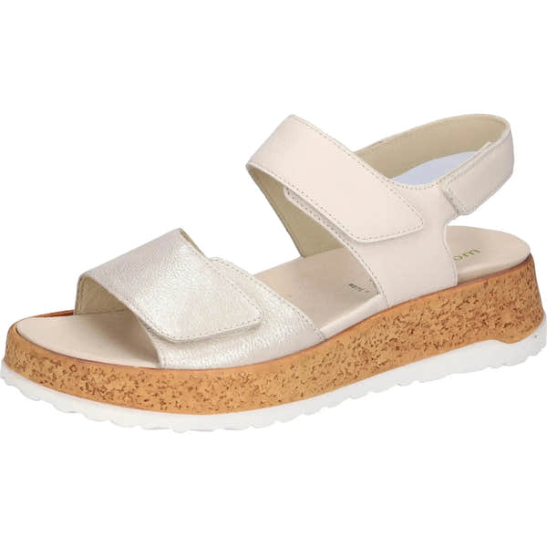 Waldlaufer H-Libby ladies wide beige leather touch-fastening sandals with cork wedge heel, open toe, and adjustable strap.