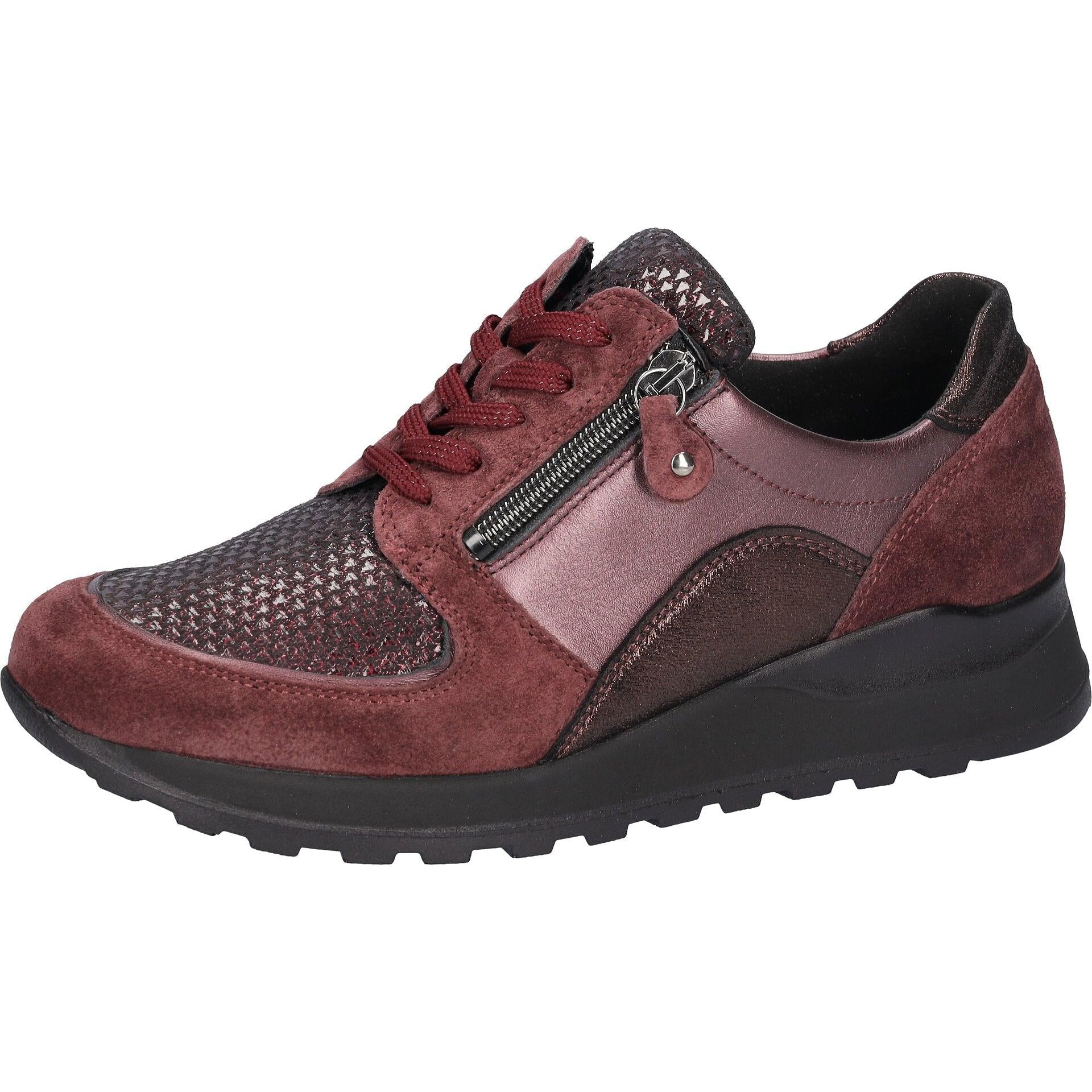 Waldlaufer H64007 604 020 Hiroko Soft women's Wide Burgundy Leather Stretch Arch Support Zip & Lace Trainers, inner side.