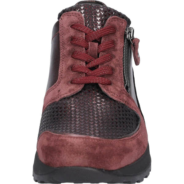 Waldlaufer H64007 604 020 Hiroko Soft women's Wide Burgundy Leather Stretch Arch Support Zip & Lace Trainers, outer side.