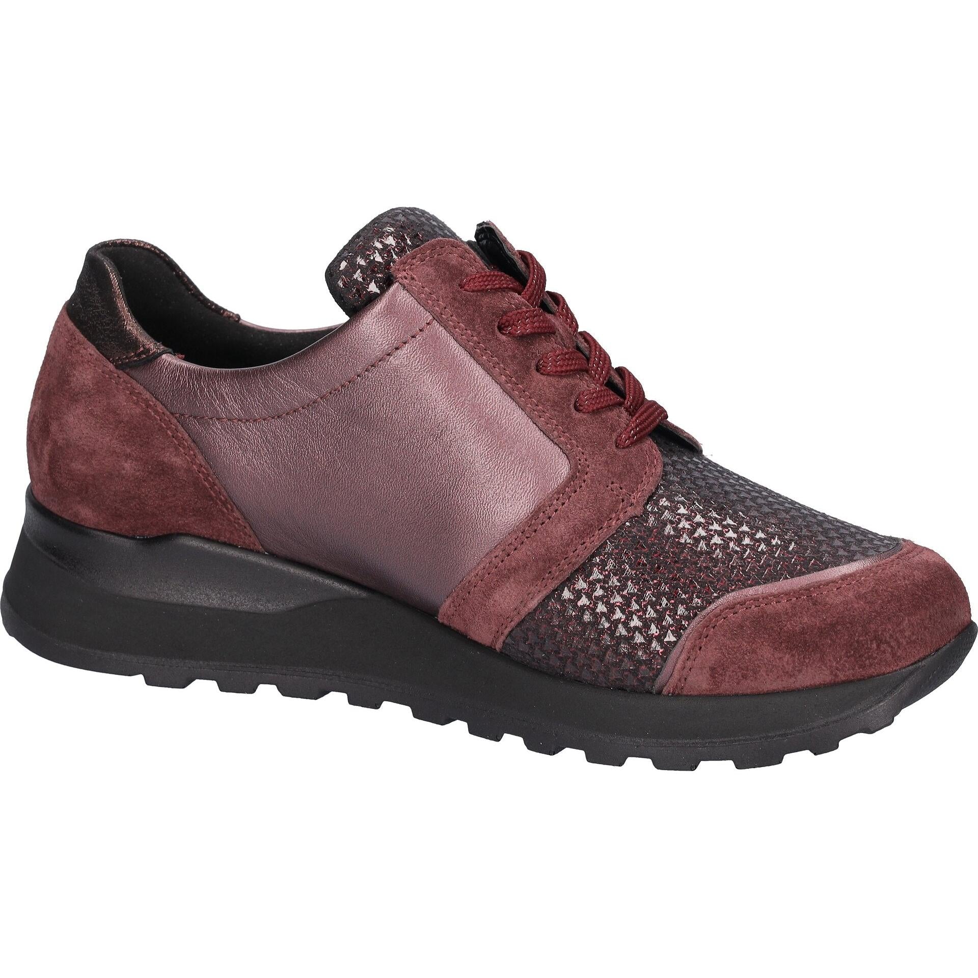 Waldlaufer H64007 604 020 Hiroko Soft women's Wide Burgundy Leather Stretch Arch Support Zip & Lace Trainers, rear.