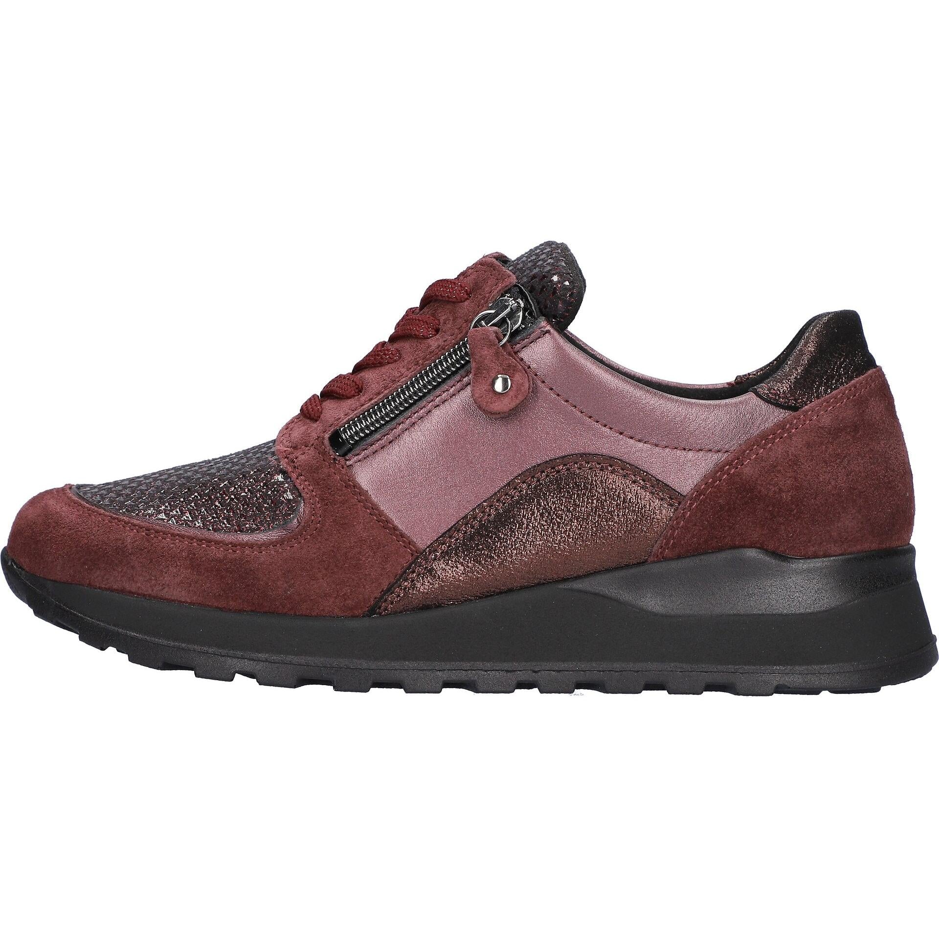 Waldlaufer H64007 604 020 Hiroko Soft women's Wide Burgundy Leather Stretch Arch Support Zip & Lace Trainers, front.