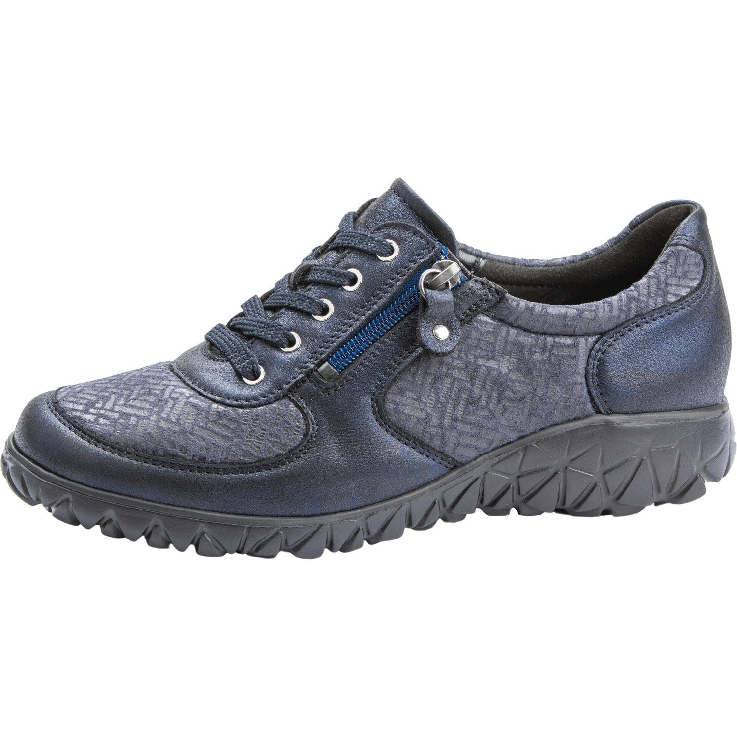 Waldlaufer H89001 Ladies Navy Leather & Textile Arch Support Trainer with Zip and Lace Closure, cushioned sole.
