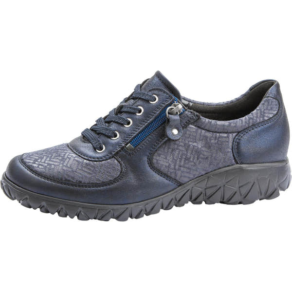 Waldlaufer H89001 Ladies Navy Leather & Textile Arch Support Trainer with Zip and Lace Closure, cushioned sole.