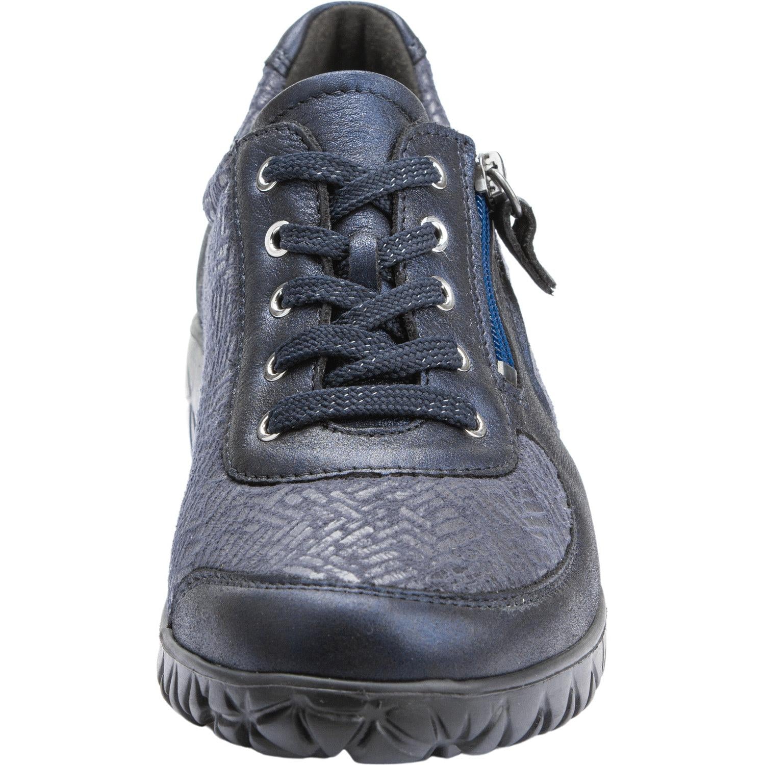 Waldlaufer H89001 Ladies Navy Leather & Textile Arch Support Trainers with Zip and Lace closure, wide fit, soft cushioning.