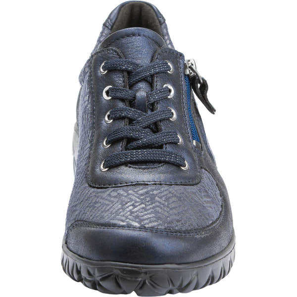 Waldlaufer H89001 Ladies Navy Leather & Textile Arch Support Trainers with Zip and Lace closure, wide fit, soft cushioning.