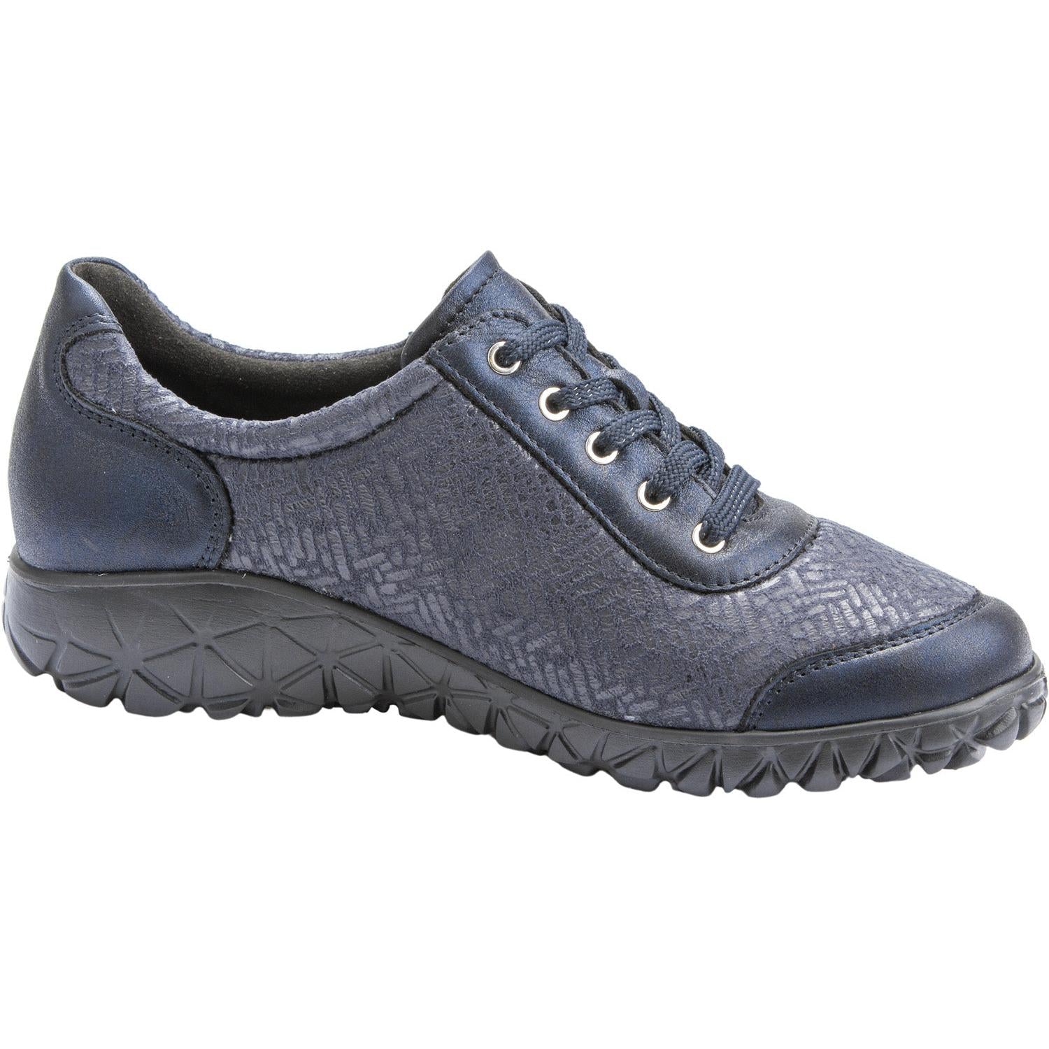 Waldlaufer H89001 ladies' navy leather and textile arch support trainer with zip and lace closure, cushioned sole.
