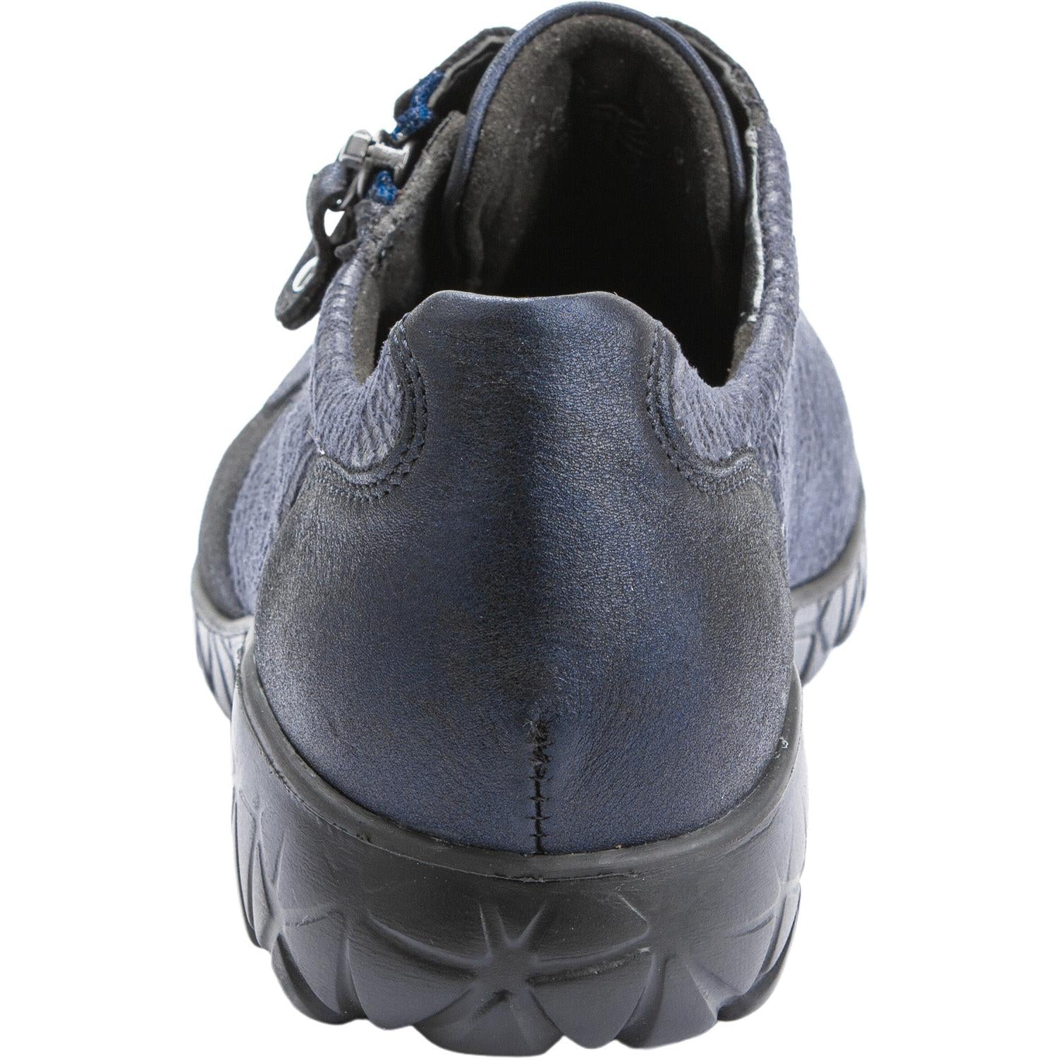 Waldlaufer H89001 Ladies navy leather and textile arch support trainers with zip and lace fastenings, cushioned sole, wide fit.