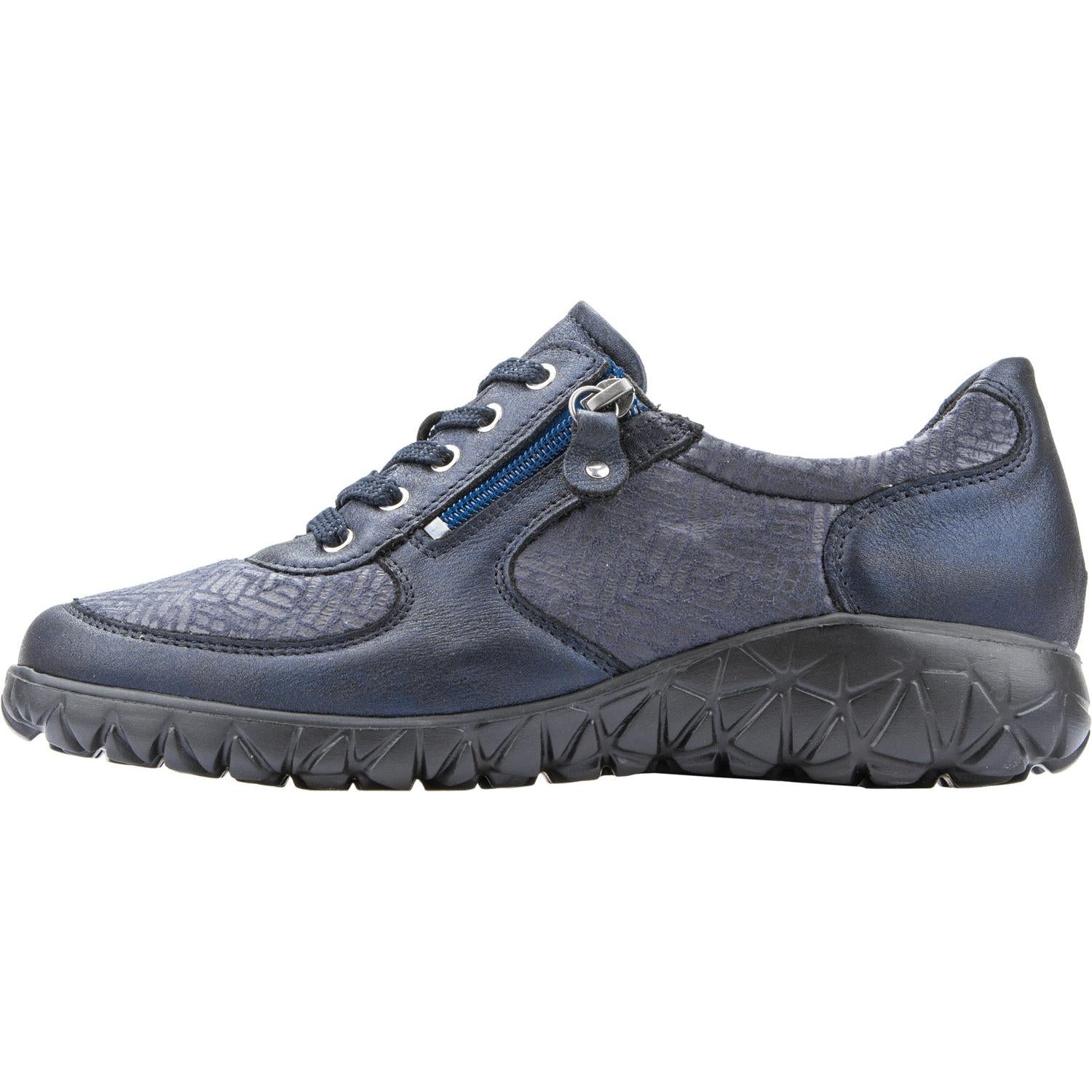 Waldlaufer H89001 Ladies Navy Leather & Textile Wide Fit Trainers with zip, lace-up, arch support, and cushioned outsole.
