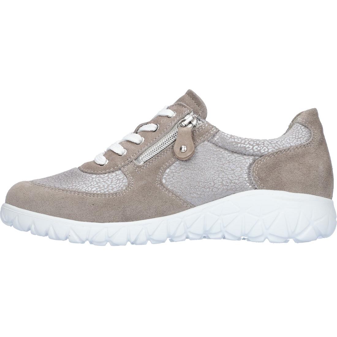 Waldlaufer H89001 Havy Soft women's wide-fit grey suede trainers with zip, lace-up, arch support, and breathable mesh details.
