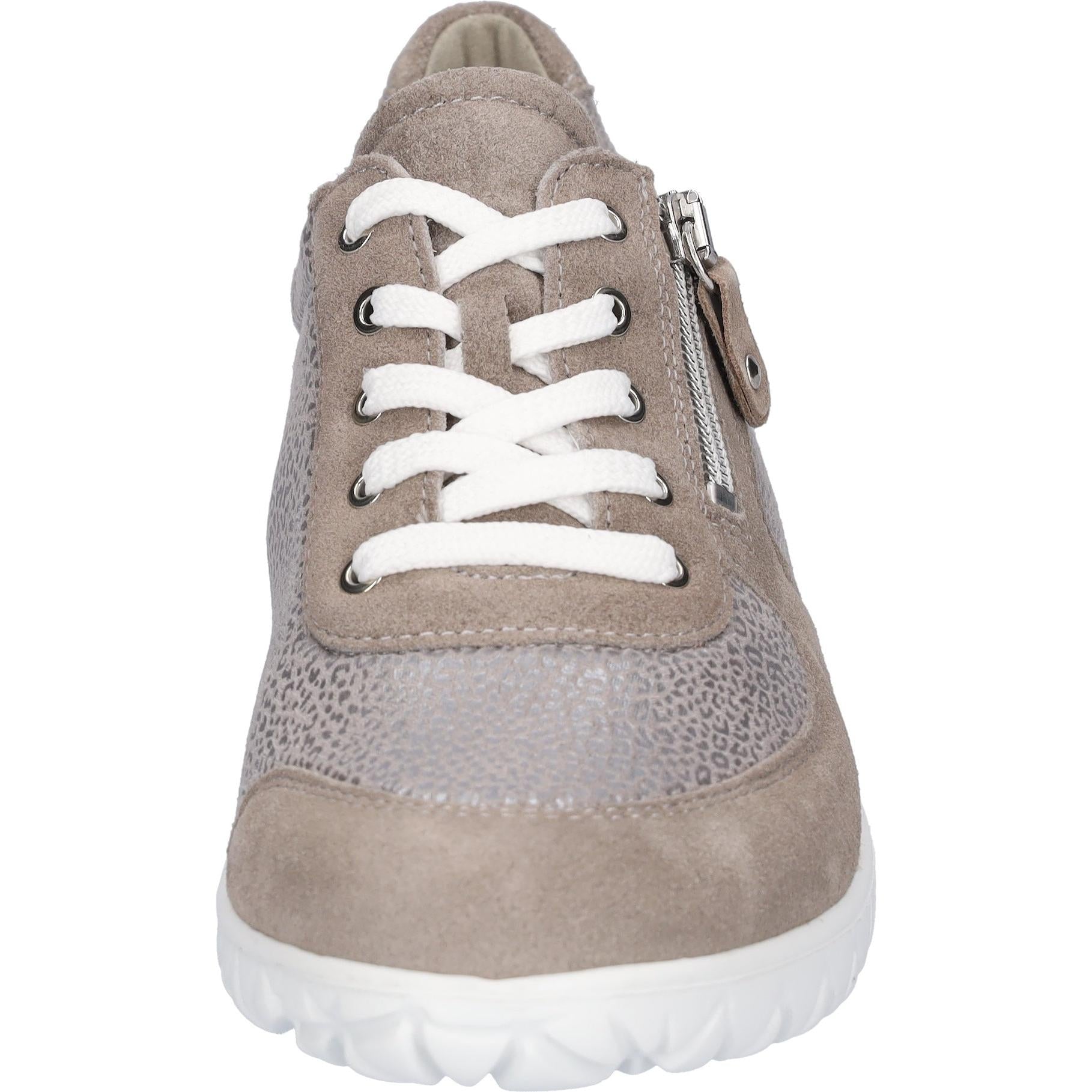 Waldlaufer H89001 Ladies wide-fit grey suede trainers with white laces, zip closure, arch support, and cushioned sole.