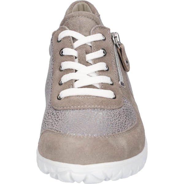 Waldlaufer H89001 Ladies wide-fit grey suede trainers with white laces, zip closure, arch support, and cushioned sole.