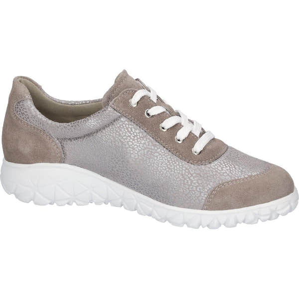 Waldlaufer H89001 Ladies wide-fit grey suede trainers with arch support, zip and lace fastenings, and a white rubber sole.