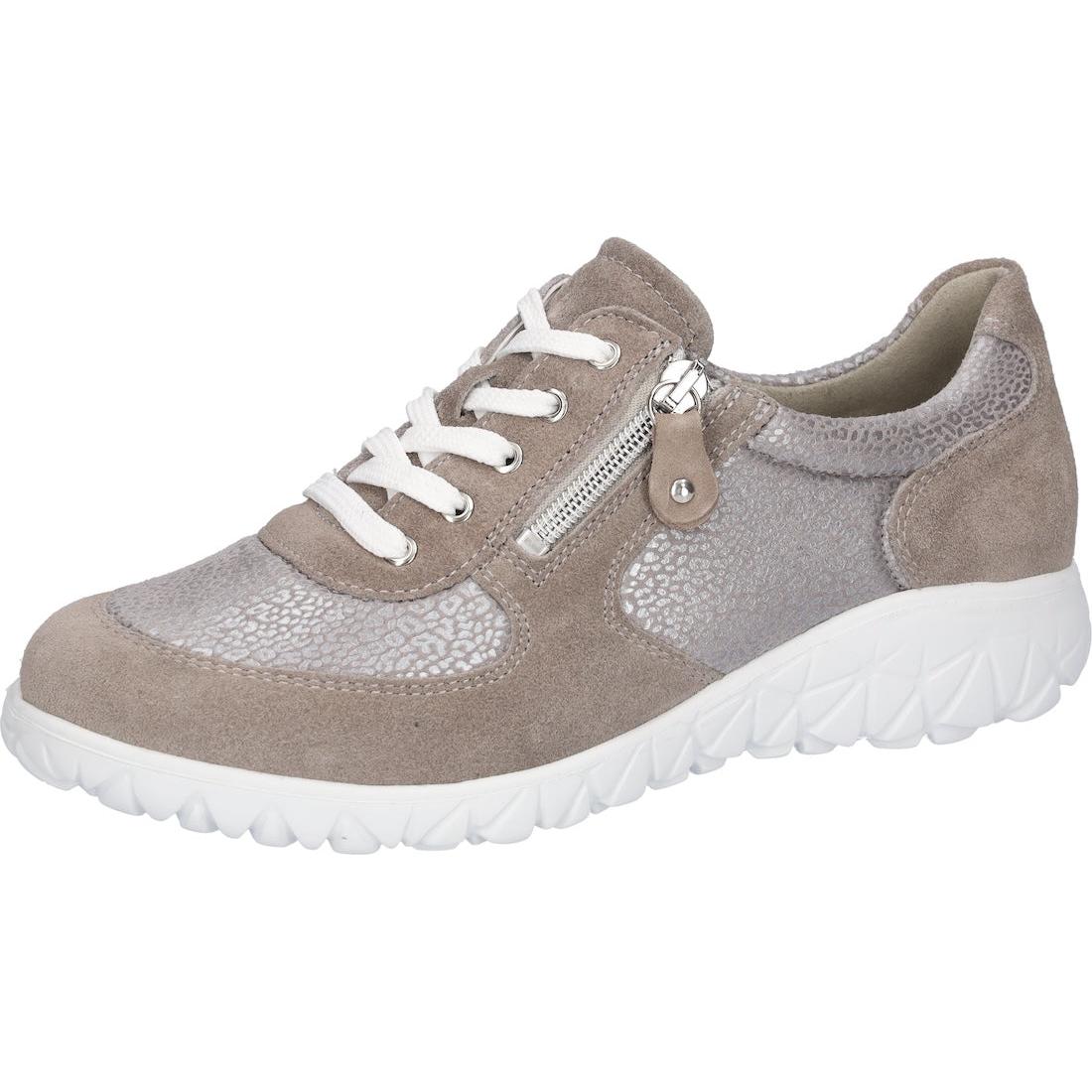 Waldlaufer H89001 Ladies wide fit grey and beige suede trainers with zip and lace closure, cushioned insole, and flexible white sole.