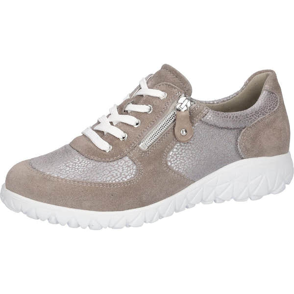 Waldlaufer H89001 Ladies wide fit grey and beige suede trainers with zip and lace closure, cushioned insole, and flexible white sole.