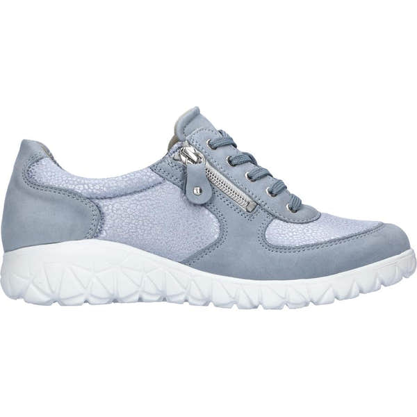 Waldlaufer H89001 Havy Soft women's blue nubuck slip-on shoes with arch support, lace-up and side zipper detail.