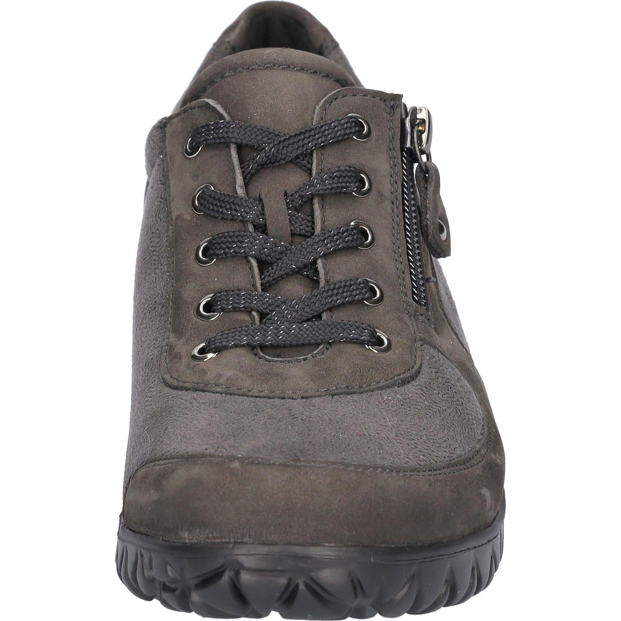 Waldlaufer H89001 Ladies wide-fit carbon leather trainer with arch support, featuring laces and a side zipper.