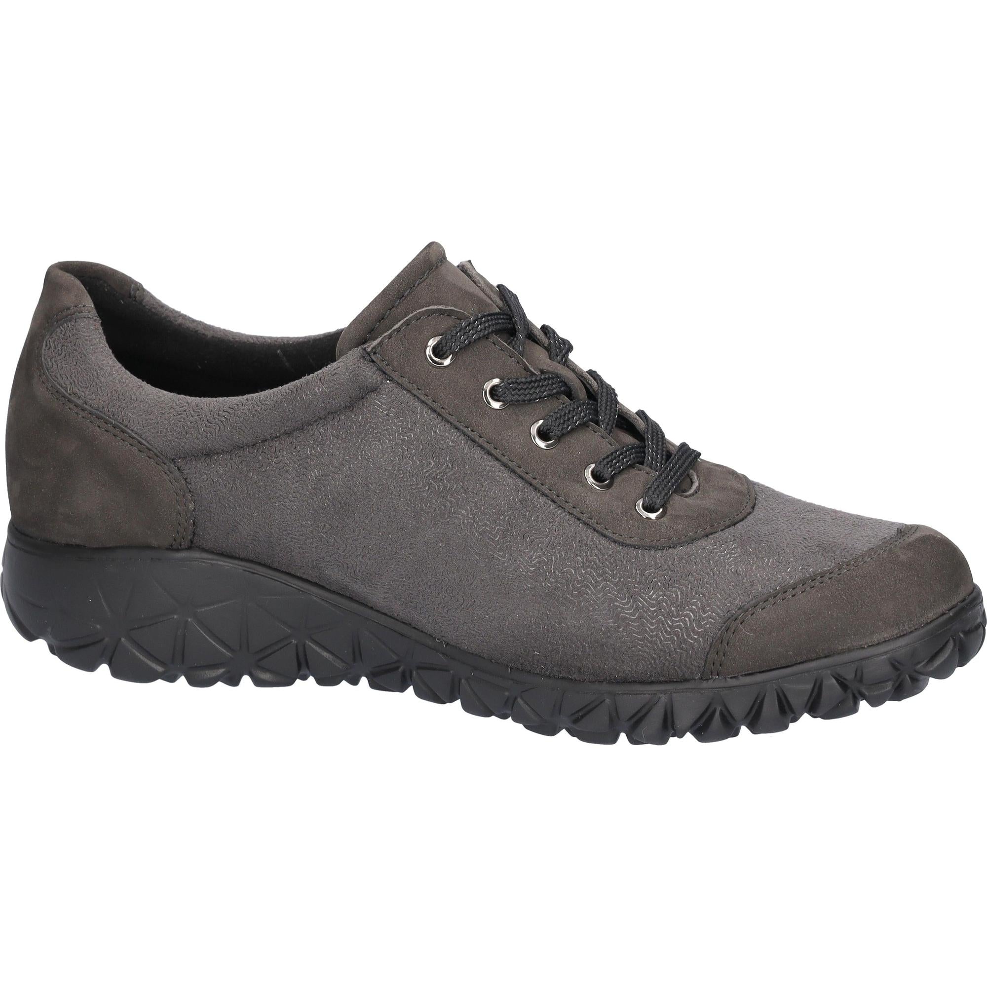 Waldlaufer H89001 Ladies Wide Carbon Leather & Textile Arch Support Trainers with lace-up and zip closure, cushioned sole.