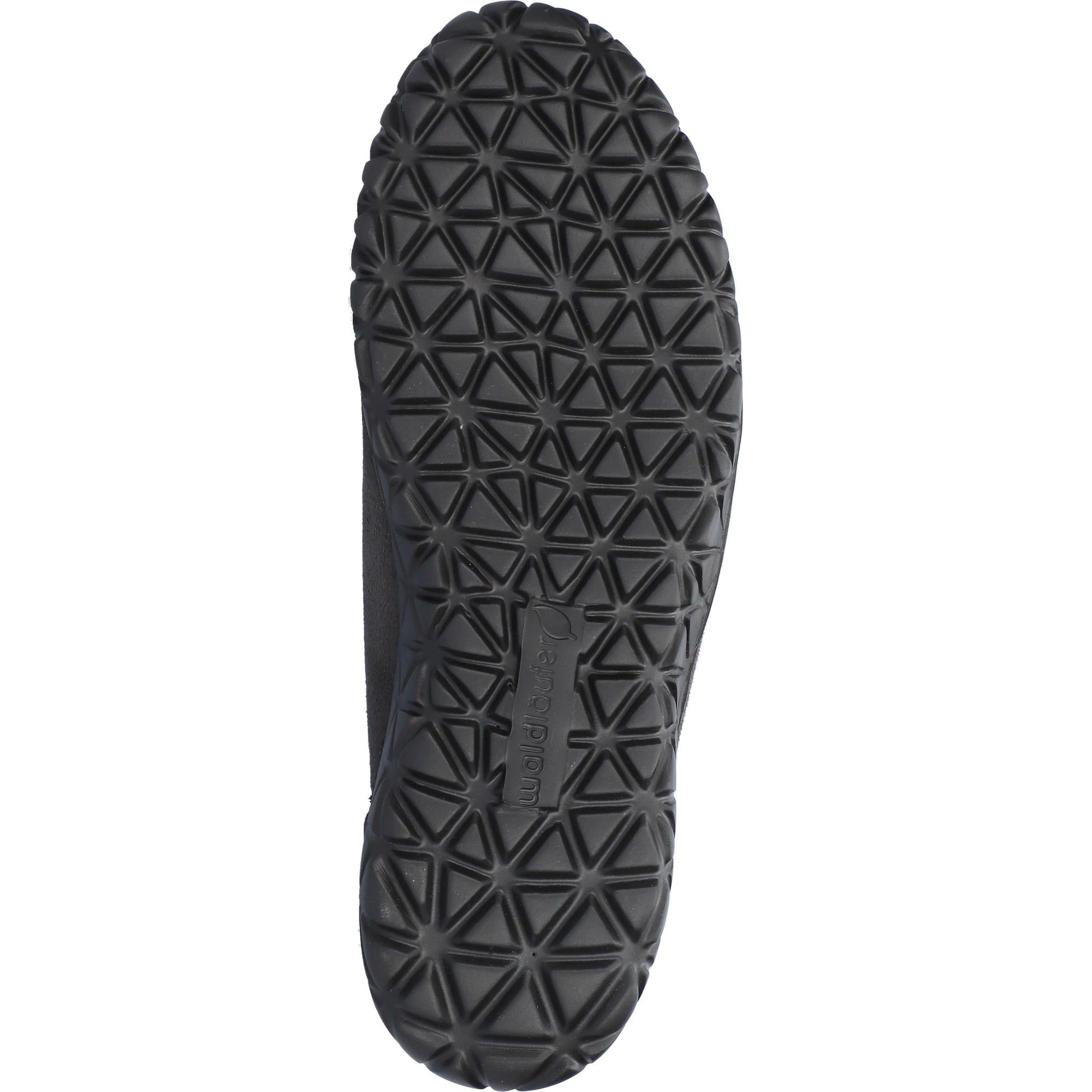 Waldlaufer H89001 ladies wide-fit arch support zip and lace trainer in black carbon leather and textile with patterned rubber sole.