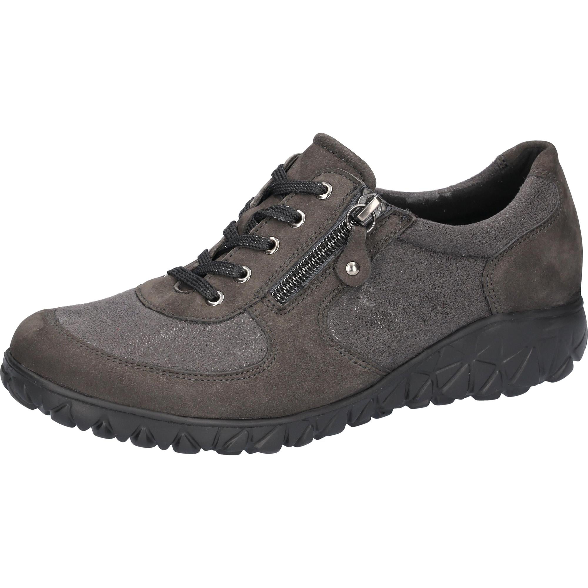 Waldlaufer H89001 Ladies wide fit arch support zip and lace trainers in carbon leather and textile, with black laces and a rugged black sole.