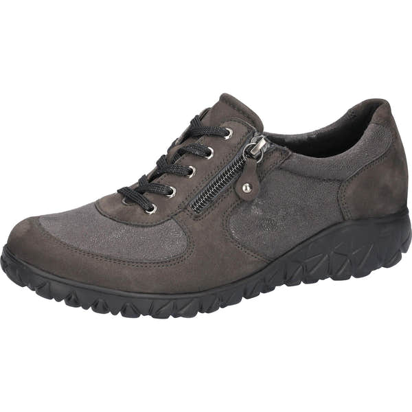 Waldlaufer H89001 Ladies wide fit arch support zip and lace trainers in carbon leather and textile, with black laces and a rugged black sole.