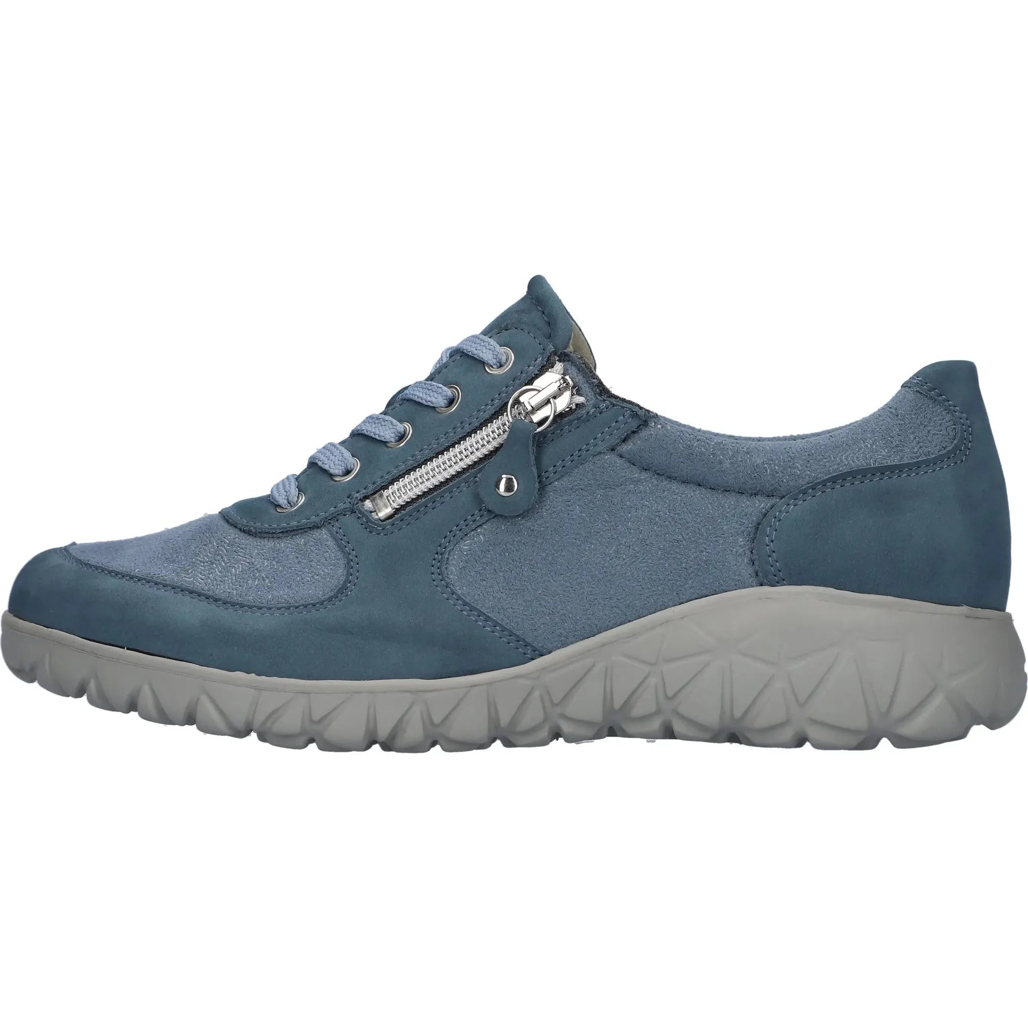 Waldlaufer H89001 Ladies Wide Denim Nubuck Trainers with zip and lace closure, cushioned sole, casual sneaker style.