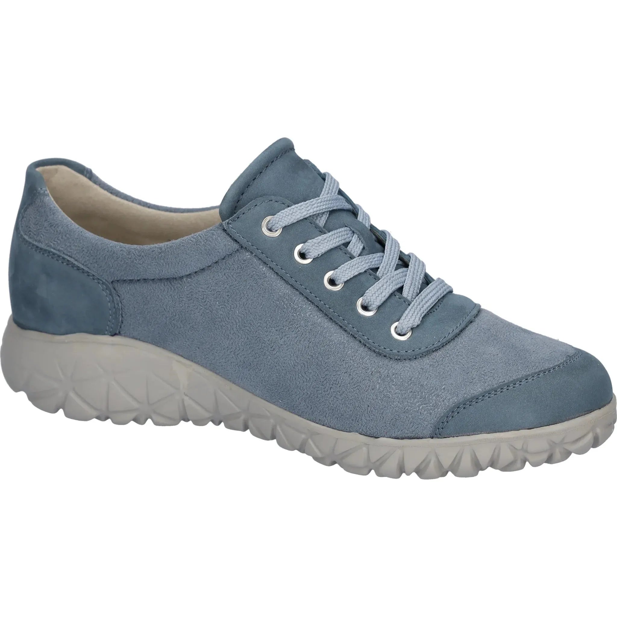 Waldlaufer H89001 Ladies wide denim nubuck trainers with zip and lace fastening, cushioned interior, and chunky rubber sole.