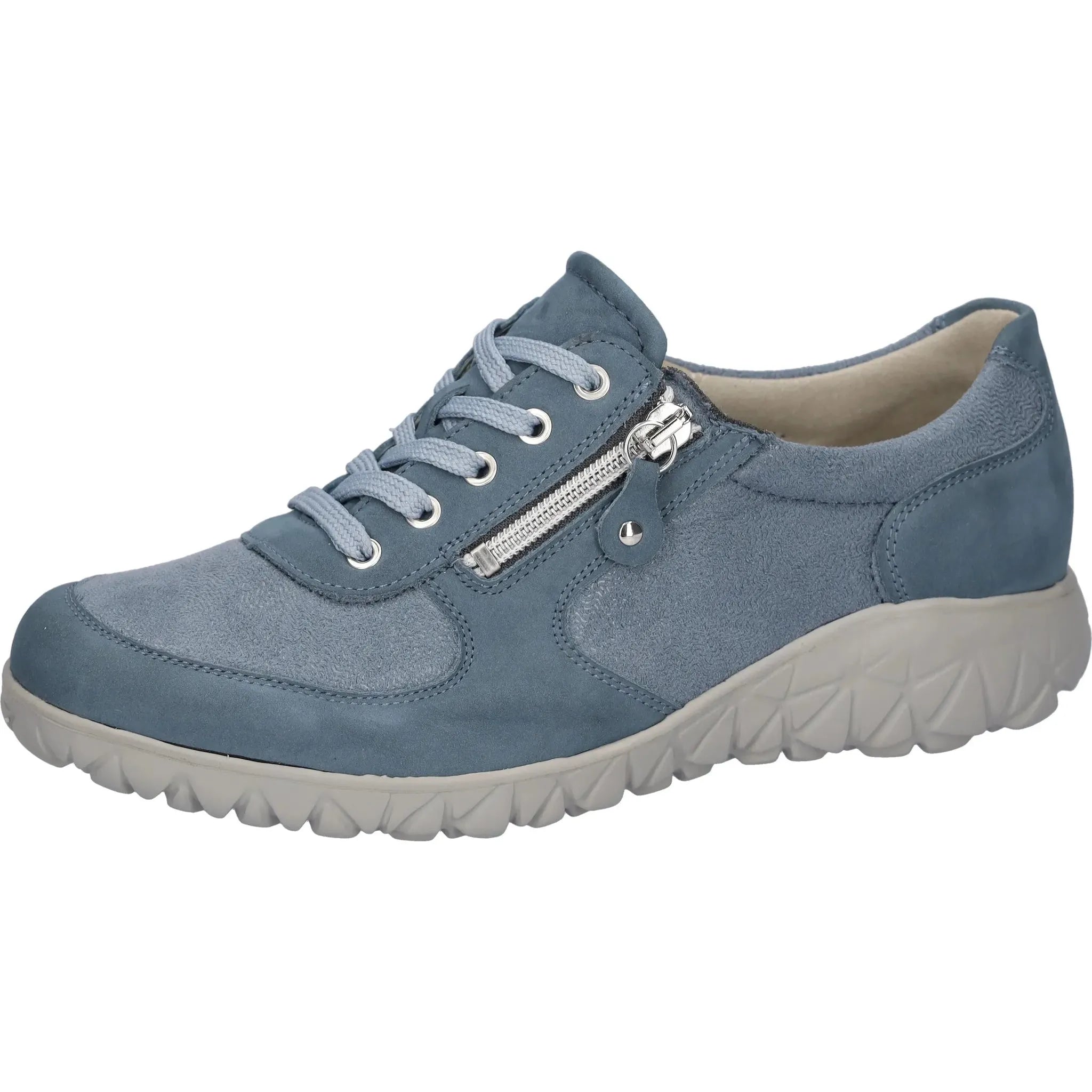 Waldlaufer H89001 Ladies Wide Denim Nubuck Trainers with Zip and Lace, soft support, sporty casual footwear.