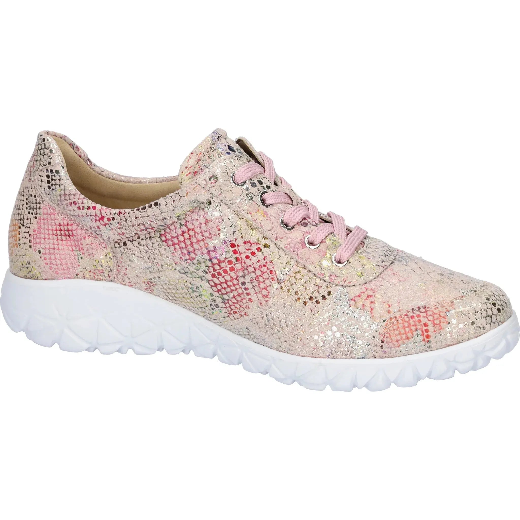Waldlaufer H89001 Ladies Wide Multi Nubuck Trainers with Zip and Lace Closure, in pastel pink with metallic details.