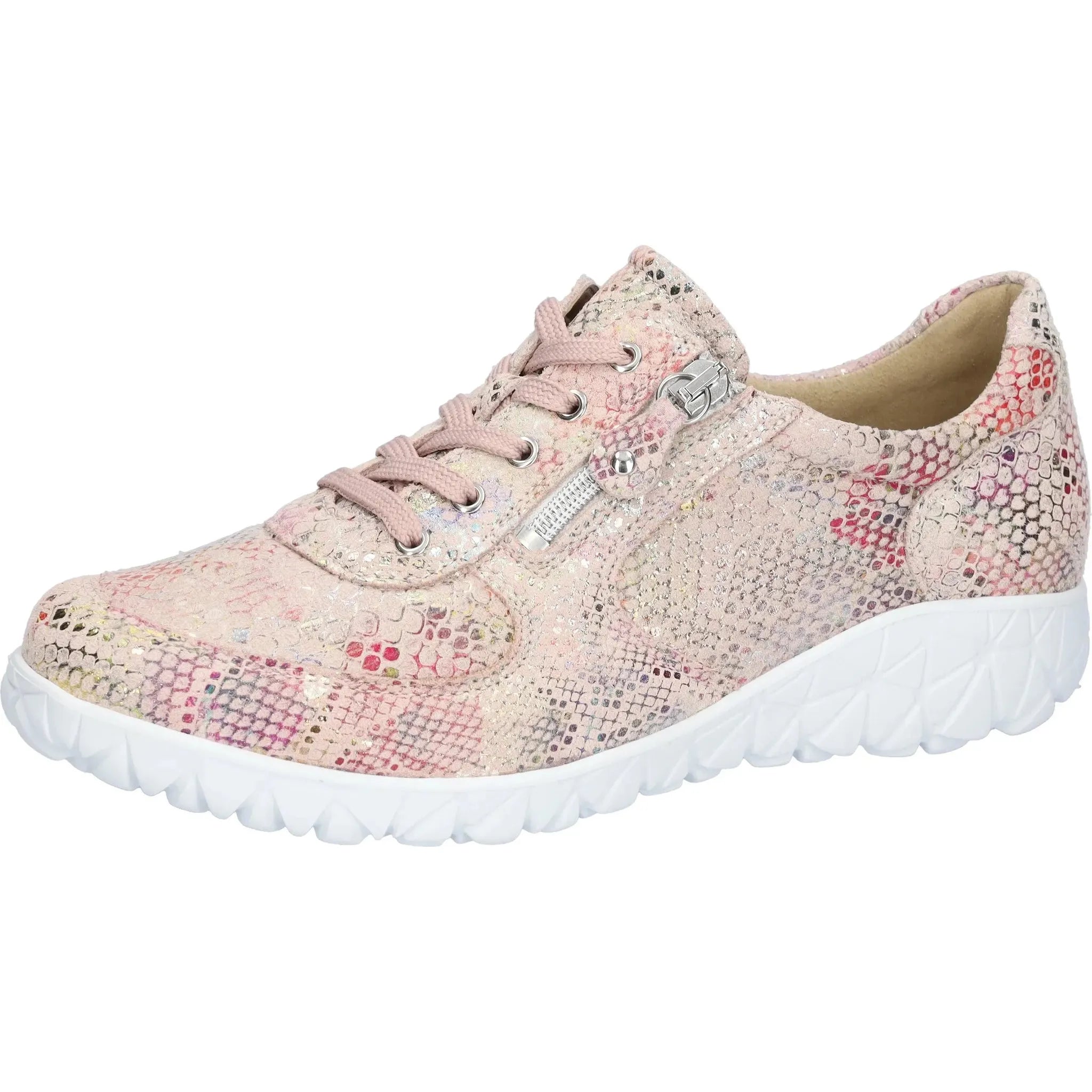 Waldlaufer H89001 Ladies' wide fit multi-nubuck trainers with zip and lace closure, soft cushioning, and stylish patterned design.