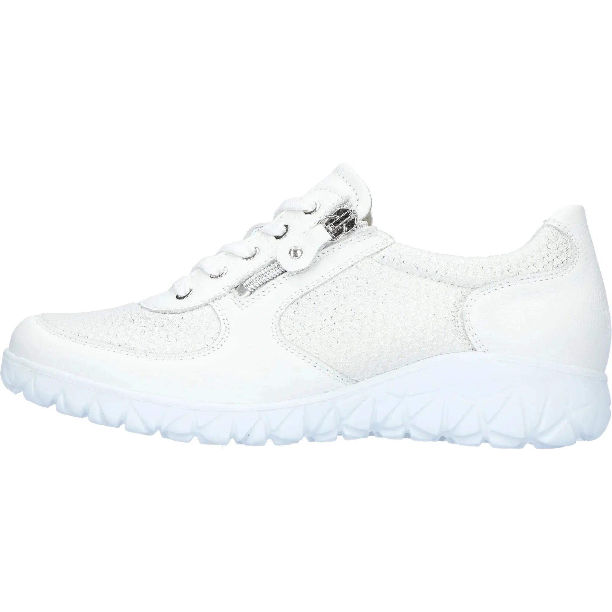Waldlaufer H89001 Ladies wide-fit white leather trainers with silver details, featuring zip and lace-up closure, cushioned sole.