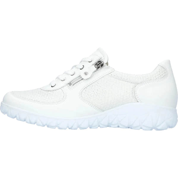 Waldlaufer H89001 Ladies wide-fit white leather trainers with silver details, featuring zip and lace-up closure, cushioned sole.