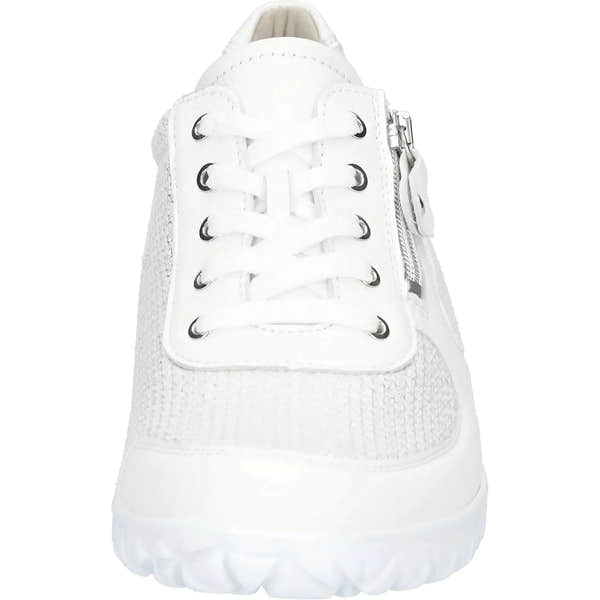 Waldlaufer H89001 Ladies White/Silver Leather Trainers with Zip and Lace Closure, wide fit, sporty casual shoes.