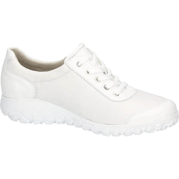Waldlaufer H89001 women’s white leather trainers with silver accents, zip and lace closure, padded collar, and chunky sole.