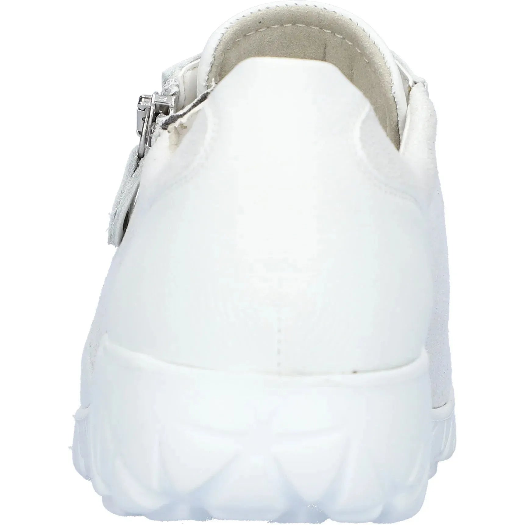 Waldlaufer H89001 Ladies Wide White Leather Trainers with Silver Zip and Lace Details.