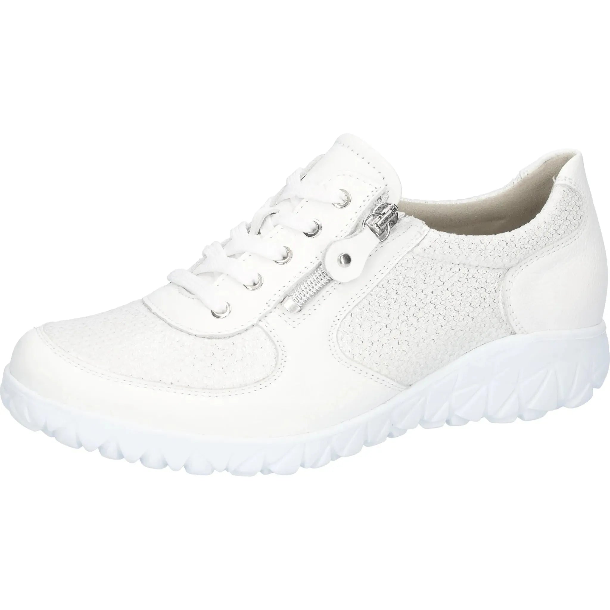 Waldlaufer H89001 244 663 Havy Soft women's wide fit white leather trainer with silver accents, zip and lace-up closure.