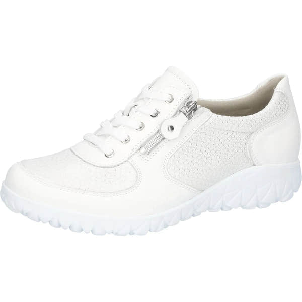 Waldlaufer H89001 244 663 Havy Soft women's wide fit white leather trainer with silver accents, zip and lace-up closure.