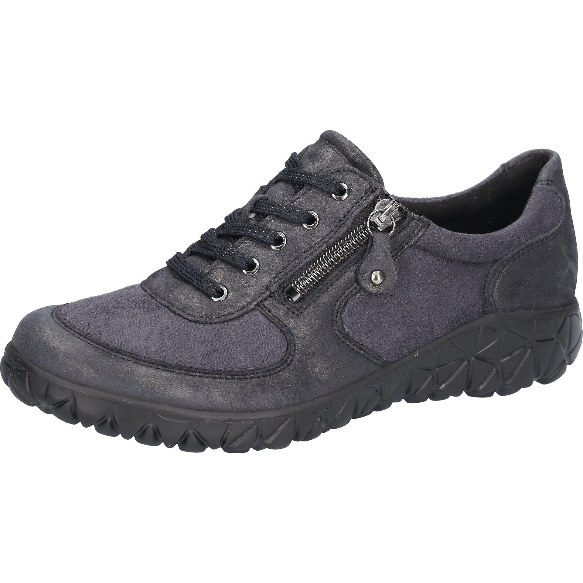 Waldlaufer H89001 252 217 Havy Soft women's Wide Navy Blue Leather Stretch Arch Support Zip & Lace Trainers, inner side view.