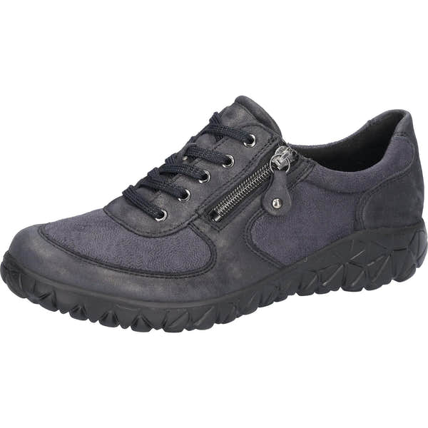 Waldlaufer H89001 252 217 Havy Soft women's Wide Navy Blue Leather Stretch Arch Support Zip & Lace Trainers, inner side view.