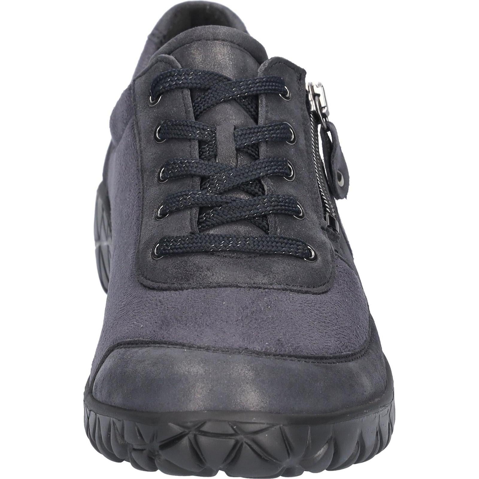 Waldlaufer H89001 252 217 Havy Soft women's Wide Navy Blue Leather Stretch Arch Support Zip & Lace Trainers, outer side view.