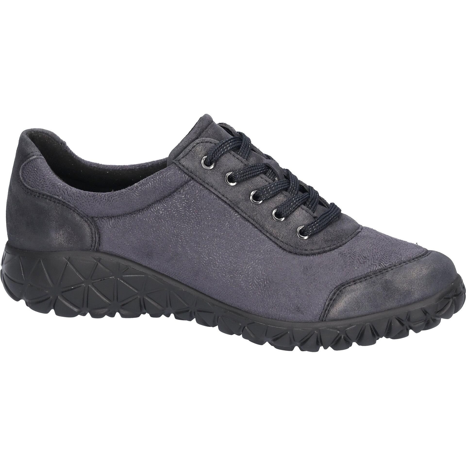 Waldlaufer H89001 252 217 Havy Soft women's Wide Navy Blue Leather Stretch Arch Support Zip & Lace Trainers, rear.
