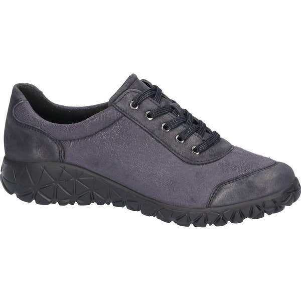 Waldlaufer H89001 252 217 Havy Soft women's Wide Navy Blue Leather Stretch Arch Support Zip & Lace Trainers, rear.