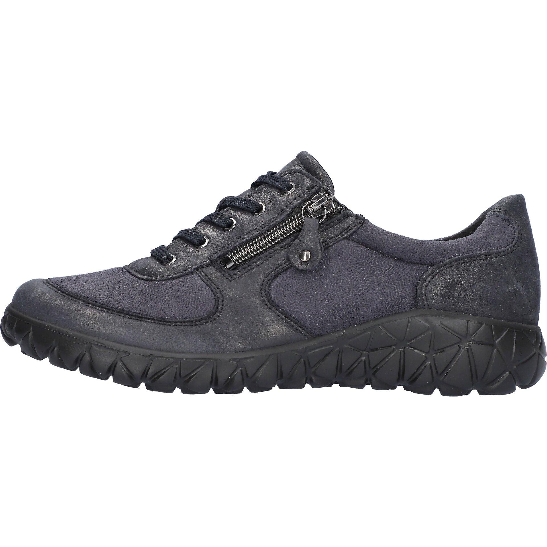 Waldlaufer H89001 252 217 Havy Soft women's Wide Navy Blue Leather Stretch Arch Support Zip & Lace Trainers, front.