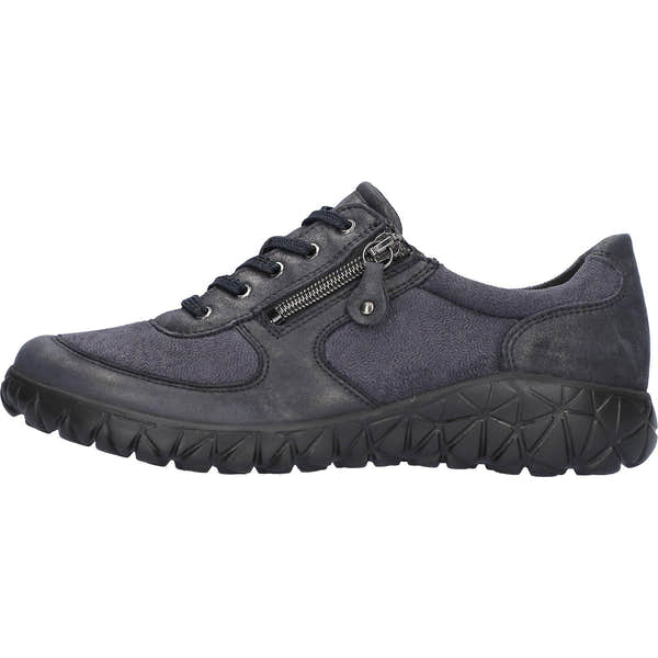 Waldlaufer H89001 252 217 Havy Soft women's Wide Navy Blue Leather Stretch Arch Support Zip & Lace Trainers, front.